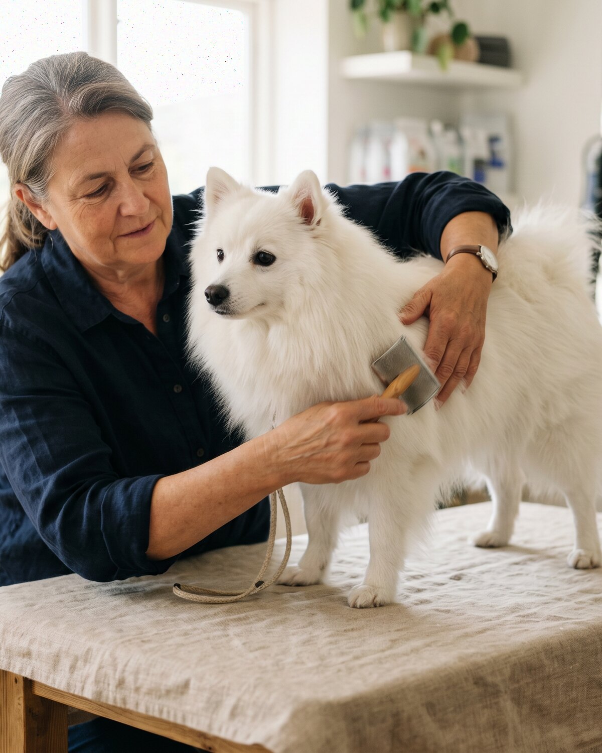 Camille Verdier, éleveuse, brossant le poil blanc d'un Spitz allemand à Maison Nivose